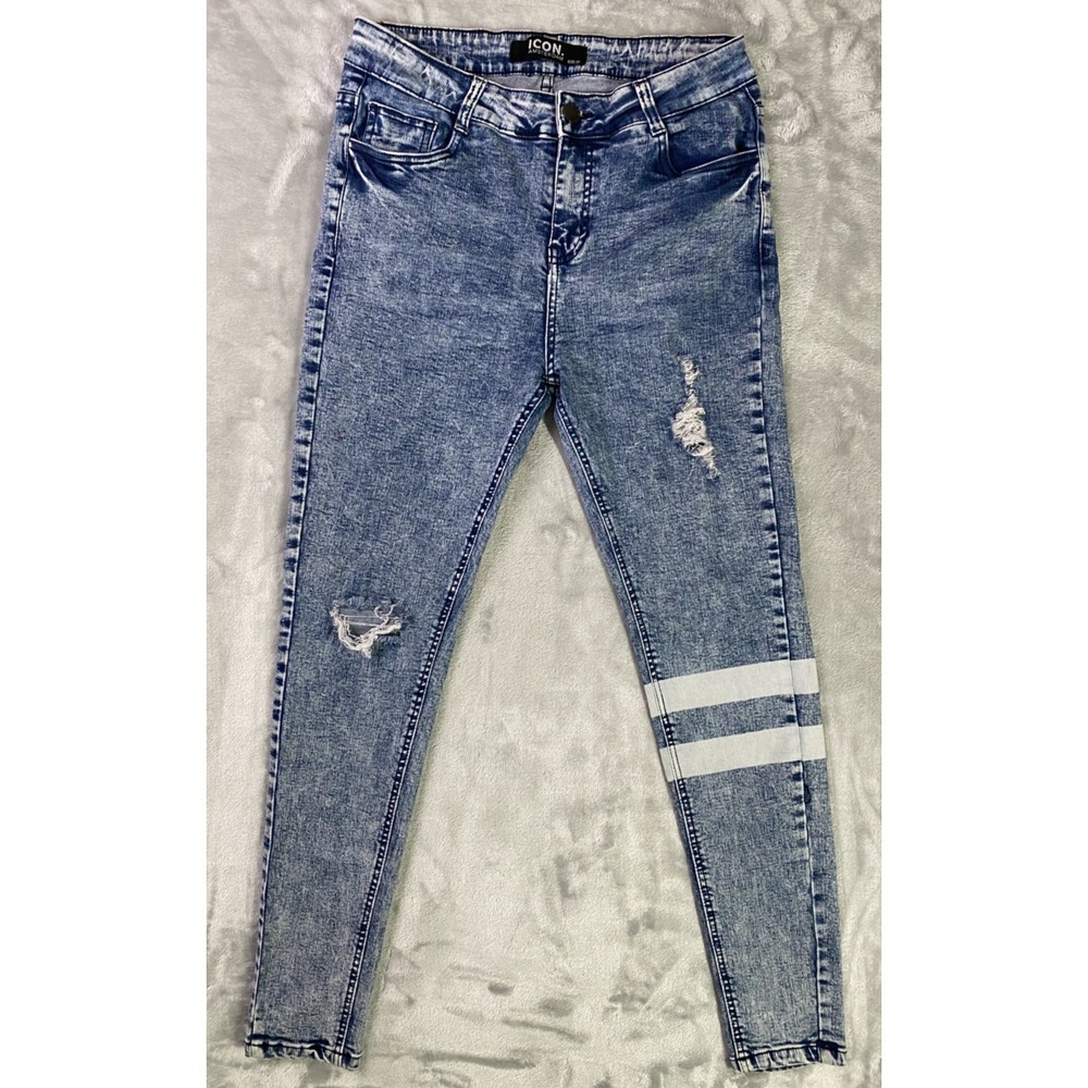 Icon Amsterdam The Glitch Skinny Jeans Men 32 Acid Wash Blue Distressed Stretch